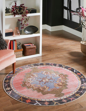 Unique Loom Timeless Thomas Machine Made Medallion Rug Pink, Black/Blue/Light Blue/Light Brown 7' 7" x 7' 9"