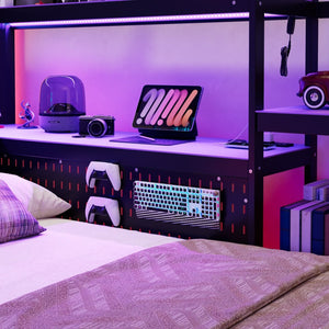 English Elm Twin Gaming Daybed with Led Strips Desk Pegboard Bookcase and Three Storage Drawers Purple+Black N820S00083I