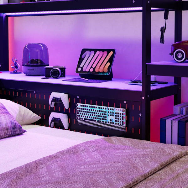 English Elm Twin Gaming Daybed with Led Strips Desk Pegboard Bookcase and Three Storage Drawers Purple+Black N820S00083I