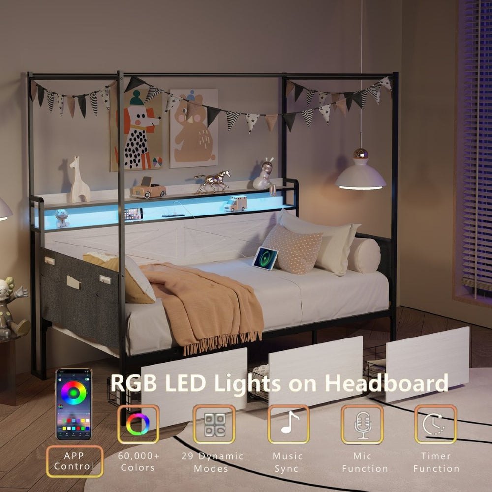 English Elm Twin Metal Daybed with Pull Out Trundle Guardrails Led Lights and Built in Charging W5026P404187