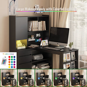 English Elm L Shaped Desk With Storage, Led Lighting & Charging Station - Modern Corner Desk For Home Office Use W1321S00015