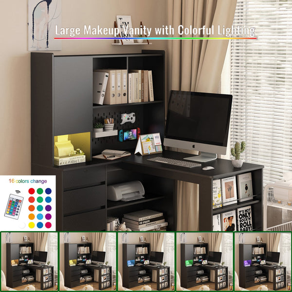 English Elm L Shaped Desk With Storage, Led Lighting & Charging Station - Modern Corner Desk For Home Office Use W1321S00015