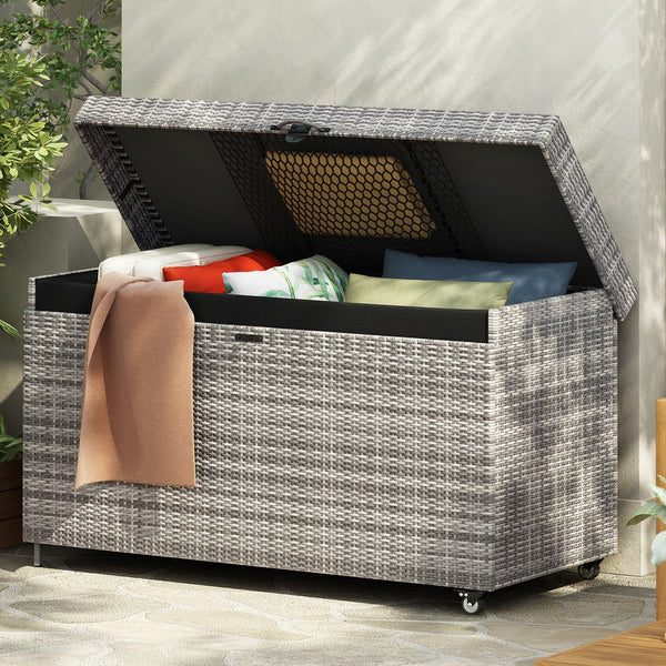 English Elm K&K 200 Gallon Wicker Deck Box with Lockable Lid, Hydraulic Pistons, Wheels, Weatherproof Storage Grey N707P245457G