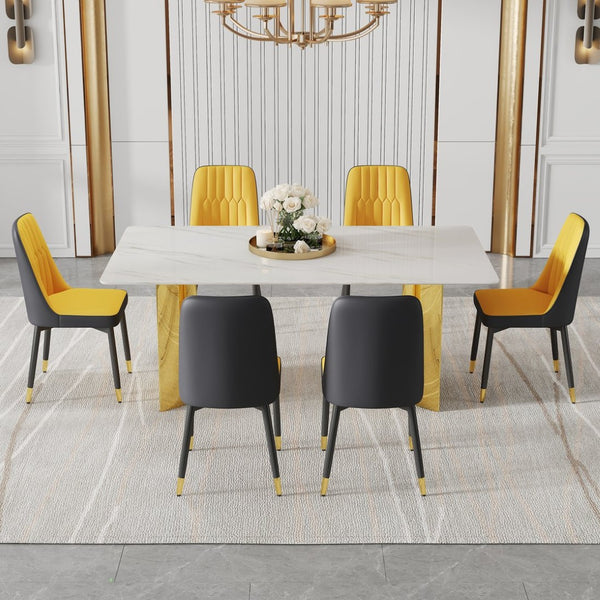 English Elm Table Set With Glass Marble Top & 6 Orange/Dark Gray Pu Chairs – Chic Dining Experience Awaits! W1151S04359-GIGA