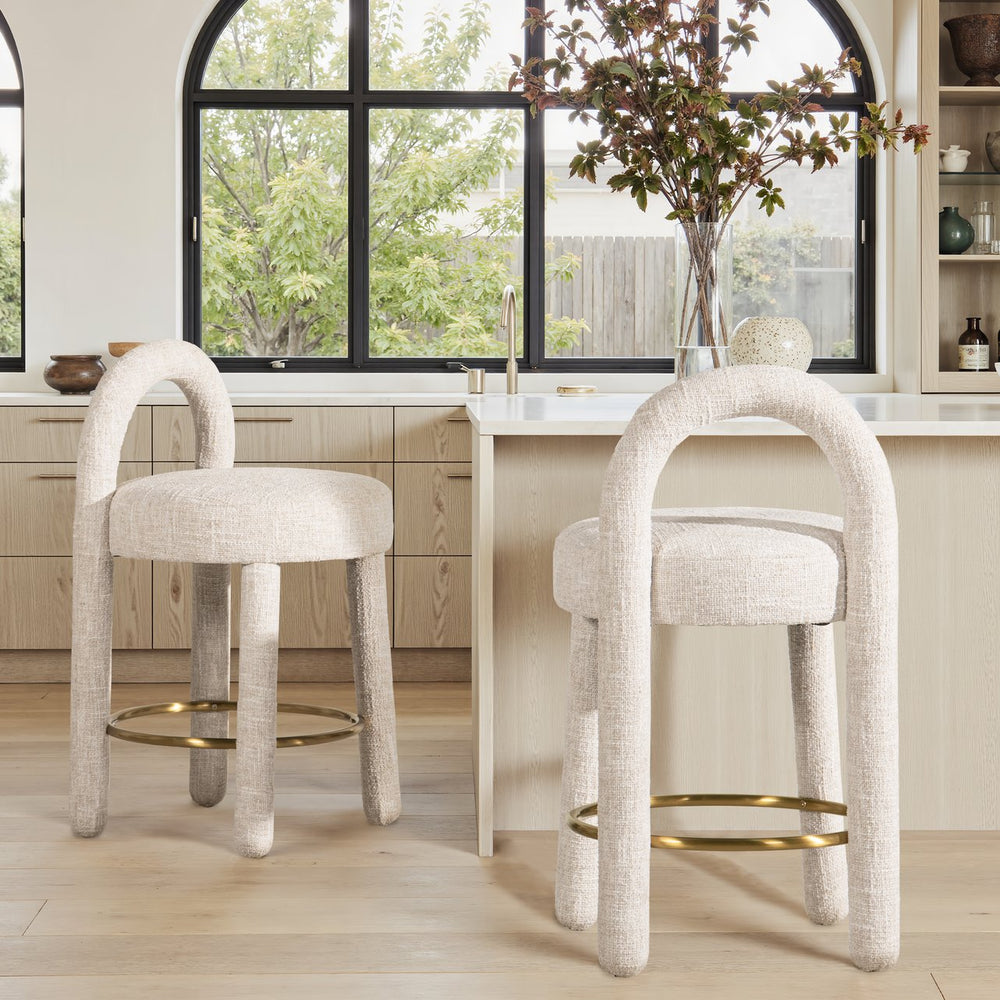 English Elm Jennifer Taylor Home - Penny Fully Upholstered 26.5" Counter Stool Set of 2 in Travertine Beige Chenille with Brass Ring Footrest B2719P360149