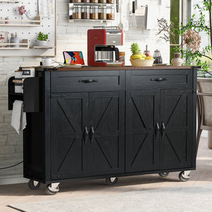 English Elm K&K Farmhouse Kitchen Island Cart 53.5" with Drop Leaf, Built-In Power Station, Ample Storage & Wheels Black N707P170348B