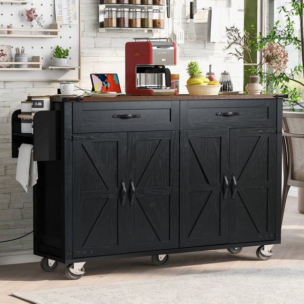 English Elm K&K Farmhouse Kitchen Island Cart 53.5" with Drop Leaf, Built-In Power Station, Ample Storage & Wheels Black N707P170348B