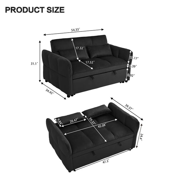 English Elm 3-in-1 Convertible Pull Out Sofa Bed Velvet Upholstered Recliner for Small Spaces Black W2941P370580