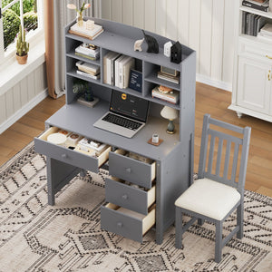 English Elm Vintage 40'' Home Executive Desk Set with Upholstered Chair and Built-In Bookshelf for Stylish Productivity Gray 44 L x 23 W x 13.5 H N733P272894E