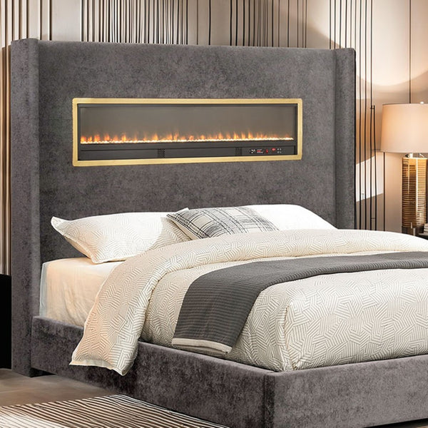 English Elm Contemporary Queen Platform Bed Upholstered Fabric with Fireplace Headboard and Bluetooth Audio Gray,Multi B2741P439941