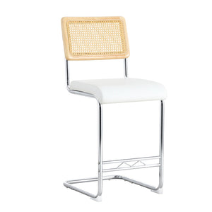 English Elm Natural Rattan Backrest Counter Stools Set of 4 with Chrome Legs and Pu Leather Seats W2920S00106
