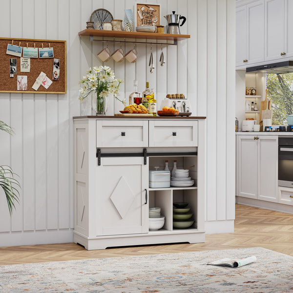 English Elm 39" Sliding Barn Door Buffet Sideboard with Walnut Top, 2 Drawers, 5 Compartments, Anti-Tip Safety and Durable MDF Finish W2948P245259