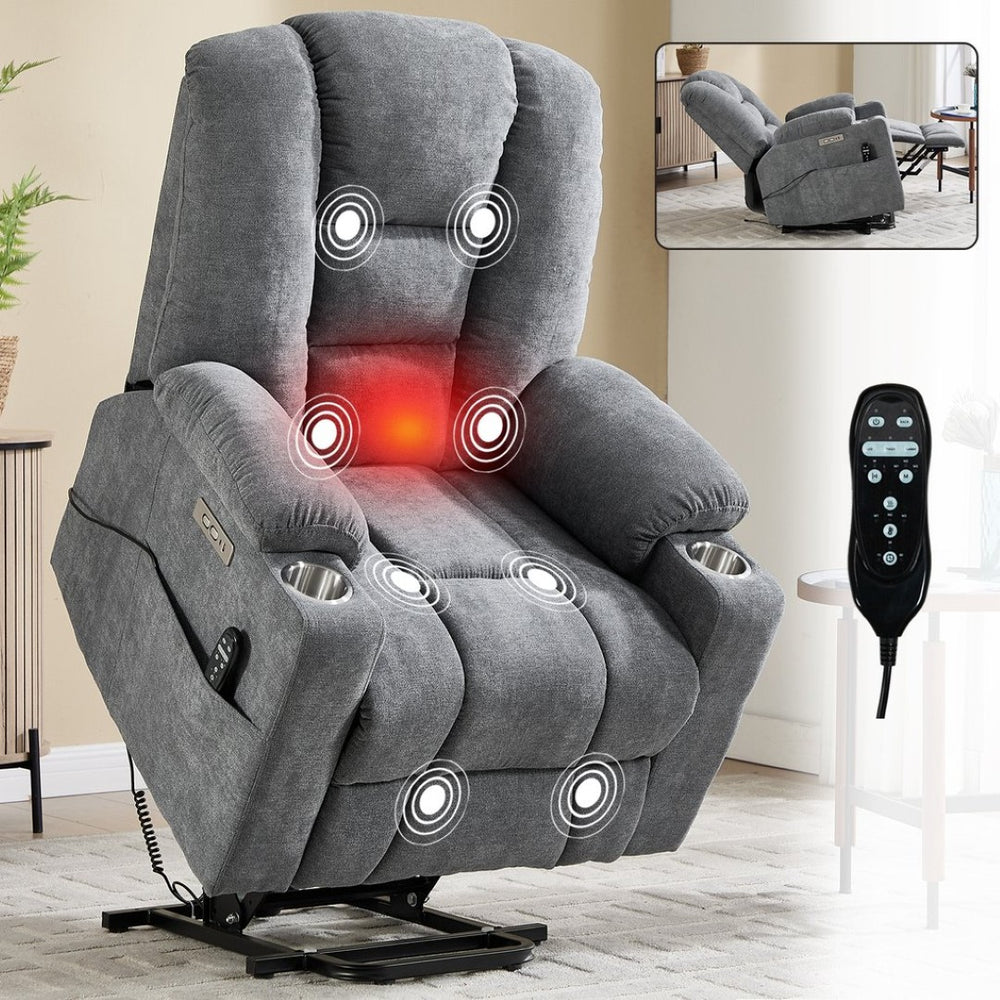 English Elm Emon's Overstuffed Chenille Power Lift Recliner with Massage Heat and Charging Ports Grey W1803S00090