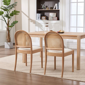 English Elm Rattan Backrest Dining Chairs Set of 2 Teddy Fabric Cushion Solid Wood Legs Kitchen Beige W3244P475485