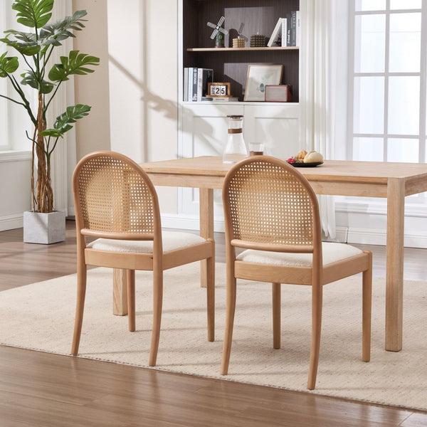 English Elm Rattan Backrest Dining Chairs Set of 2 Teddy Fabric Cushion Solid Wood Legs Kitchen Beige W3244P475485