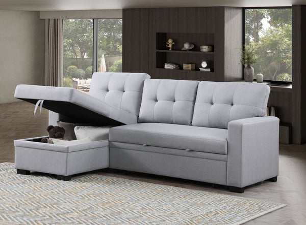 English Elm Tufted Linen Sectional Sleeper Sofa with Storage Ottoman and Reversible Chaise Gray B2730S00052