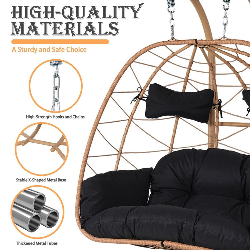 English Elm 2-person Pe Rattan Hanging Egg Chair with Canopy Steel Stand Outdoor Patio Swing T5880P502247