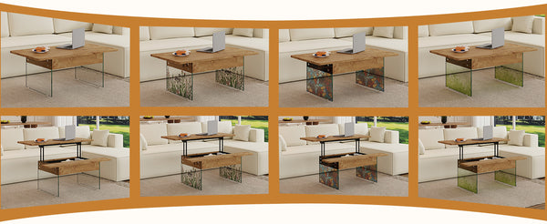 English Elm Multifunctional Lift Top Coffee Table with Tempered Glass Legs, Ergonomic Storage and Durable MDF Finish Natural Wood,Transparent W2920P226073