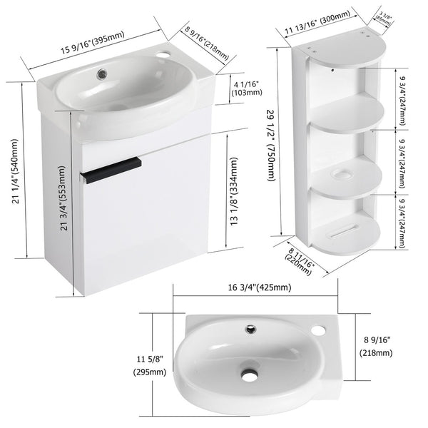English Elm Soft Close Wall Mounted Bathroom Vanity with Ceramic Vessel Sink and Storage Rack W999S00487