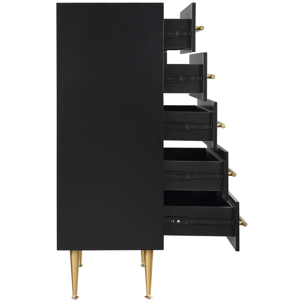 English Elm Contemporary 5-Drawer Chest with Brushed Gold Legs and Handle, Durable Wood Construction, Sleek Bedroom Storage Black+Gold 39 L x 21 W x 43 H B011P353753