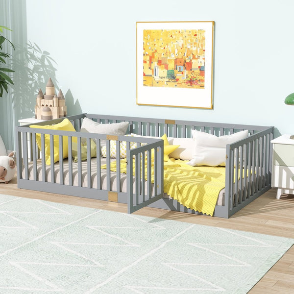 English Elm Twin Floor Bed Solid Rubber Wood with Tall Safety Railings for Toddler Sleep Grey W504P287651