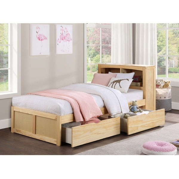 English Elm Modern Twin Platform Bed with Bookcase Headboard in Warm Natural Pine Wood Finish B011S02423