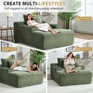 English Elm 67" Corduroy Oversized Chaise Sleeper Sofa Deep Seat Boneless Lounge with Cup Holder Pillows Green W1803P409244