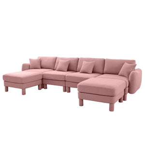 English Elm Boucle Chic U-Shape Sectional Sofa For 4 With Shell Armrests & Movable Ottomans In Stylish Pink W3041S00297