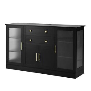 English Elm U-style Modern Buffet Sideboard with Acrylic Doors Power Outlet and Adjustable Storage Black N711P437648B