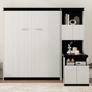 English Elm Full Full Size Murphy Bed with Desk, Shelves & Cabinets in Black+White — Space-Saving, Sturdy Design GX002042AAE