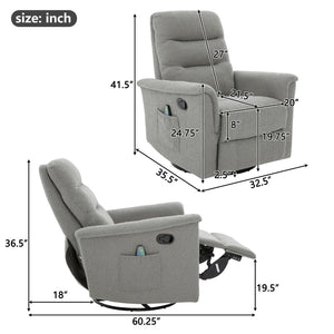 English Elm Manual Recliner Swivel Rocker Boucle Chair with 8-point Massage for Nursery or Living Room Grey N763P363763E