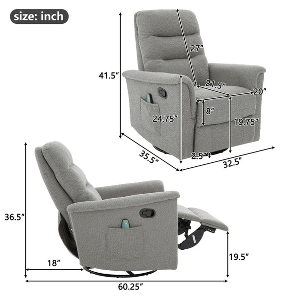 English Elm Manual Recliner Swivel Rocker Boucle Chair with 8-point Massage for Nursery or Living Room Grey N763P363763E