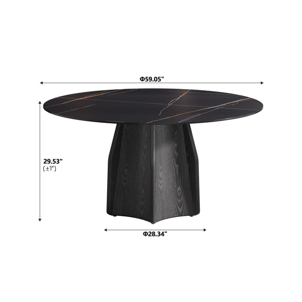 English Elm 59.05" Round Marble Dining Table - Stylish Oak Base For 6-8 People, Modern Scratch-Resistant Top W1535S00381