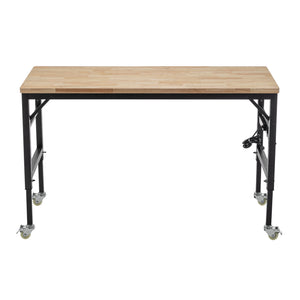 English Elm 60" Adjustable Workbench with 2000 LB Capacity, Hardwood Top, Locking Wheels & Built-In Power Outlets W1422P218520
