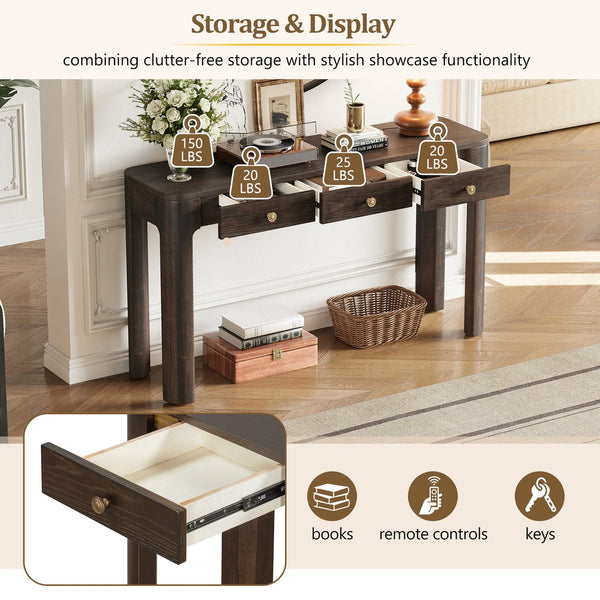 English Elm TREXM Rustic Console Table with Rounded Corners, 3 Concealed Drawers, Sturdy Thick Legs for Hallway Espresso N715P361525P