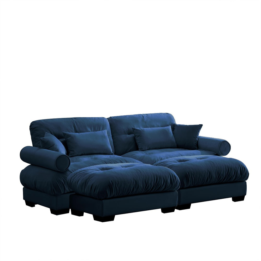 English Elm Over Size Velvet Two-Seater Sofa With Ottoman - Plush Comfort, Bolster Armrests & Pillows In Blue W714S01115-GIGA