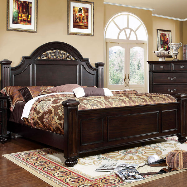 English Elm Eastern King Elegant Panel Bed with Floral Headboard, Antique Brass Accents, Sturdy Frame 93"L x 67"H Dark Walnut 84 L x 29.5 W x 5.5 H B2741S00047