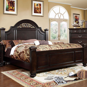English Elm Queen Panel Bed with Floral Paneled Headboard & Footboard, Dark Walnut Finish, Antique Brass Accents B2741S00045