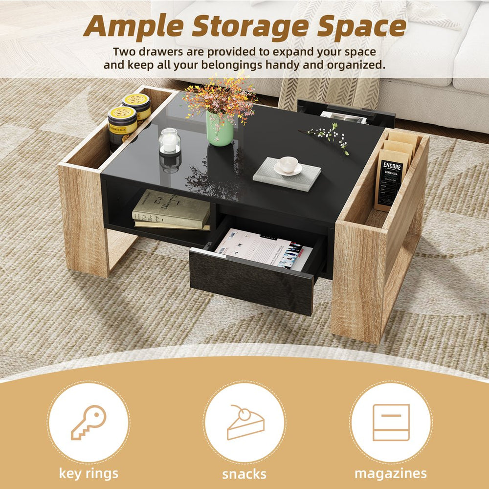 English Elm ON-TREND High Gloss Coffee Table with 2 Drawers, Hidden Compartment, Open Shelf, Modern Luxury Finish Black+Natural N721P205792B