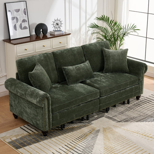 English Elm 86" Chenille Sleeper Sofa with Nailhead Rolled Arms Three Seat Convertible for Any Room Green W3373S00088