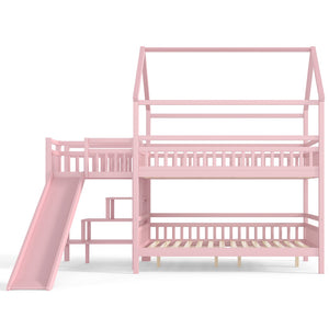 English Elm Full Bunk Bed with Trundle Bookshelf Storage Pine Frame Car Design for Kids Pink W1580S00304