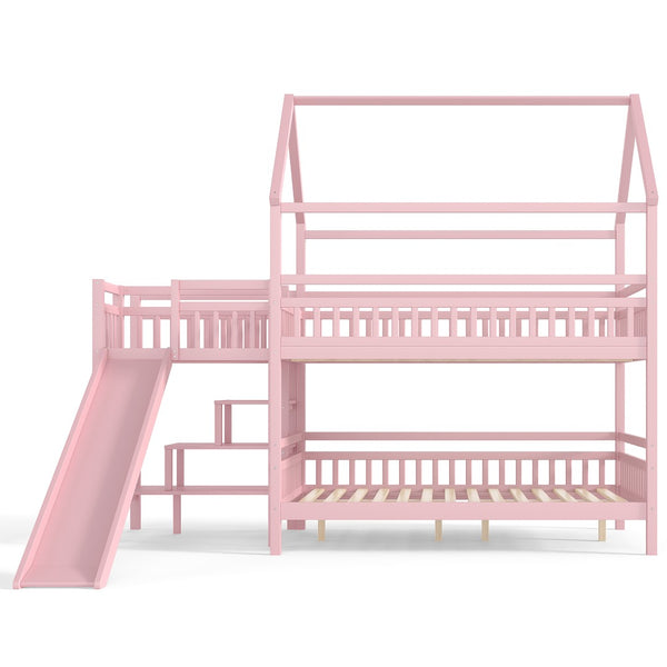 English Elm Full Bunk Bed with Trundle Bookshelf Storage Pine Frame Car Design for Kids Pink W1580S00304