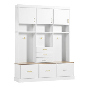 English Elm U-Can Multifunctional 75" Hall Tree with Bench, 3 Cabinets, 6 Drawers, Shelves & Anti-Tip Design White SJ000152AAK