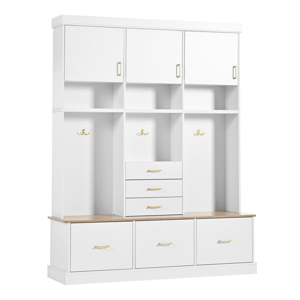 English Elm U-Can Multifunctional 75" Hall Tree with Bench, 3 Cabinets, 6 Drawers, Shelves & Anti-Tip Design White SJ000152AAK