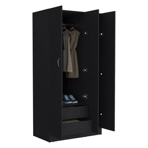 English Elm Ohio Armoire Wardrobe with 3 Doors, 2 Drawers & 4-Tier Shelves — Spacious Storage, Sturdy Handles, Organized Style Black 74 L x 23 W x 2 H B070S00207