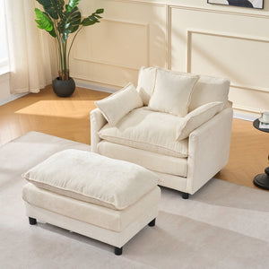 English Elm 39.4" Chenille Club Chair with Ottoman Solid Wood Frame for Living Room or Bedroom Beige W3244P392643
