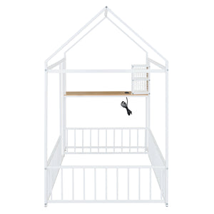 English Elm Twin House Bed Frame with Roof & Fence, Metal Twin Loft with Built-In Desk Shelves USB Outlets White N737P173490K