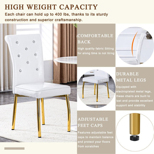 English Elm Set of 4 Glam Faux Leather Dining Chairs with Crystal Buckle and Gold Tone Legs White+Gold W3226P311058