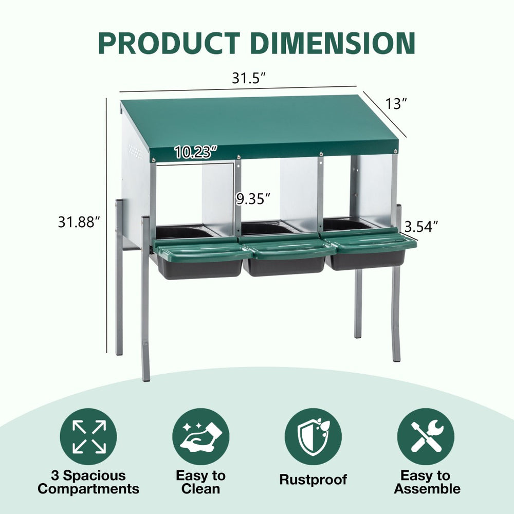 English Elm Nesting Box Galvanized Steel 3 Compartment Chicken Laying Station with Roll Out Tray W1422P292940