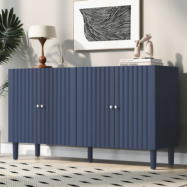 English Elm U_STYLE Four-Door Sideboard with Wavy Panel Doors, Cylindrical Wood Legs, Sleek Metal Handles, 67" länge Navy Blue N711P186790V